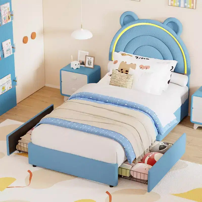 Twin Size Bed Frame with 2 Storage Drawers, Upholstered Platform Bed with Rainbow Headboard for Kids, Solid Wood Slats Support, No Box Spring Needed