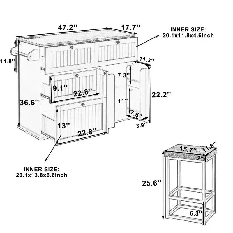 Table de cuisson de 53 po pour îlot de cuisine avec 2 places assises, ensemble de table de cuisson d'îlot de cuisine mobile avec rangement pour cuisine ou salle à manger - Panipeachy