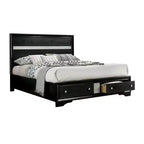 Royal Hampton Queen Size Bed, Footboard Drawers, Black Wood W Glitter Accents