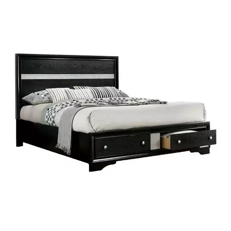 Royal Hampton Queen Size Bed, Footboard Drawers, Black Wood W Glitter Accents