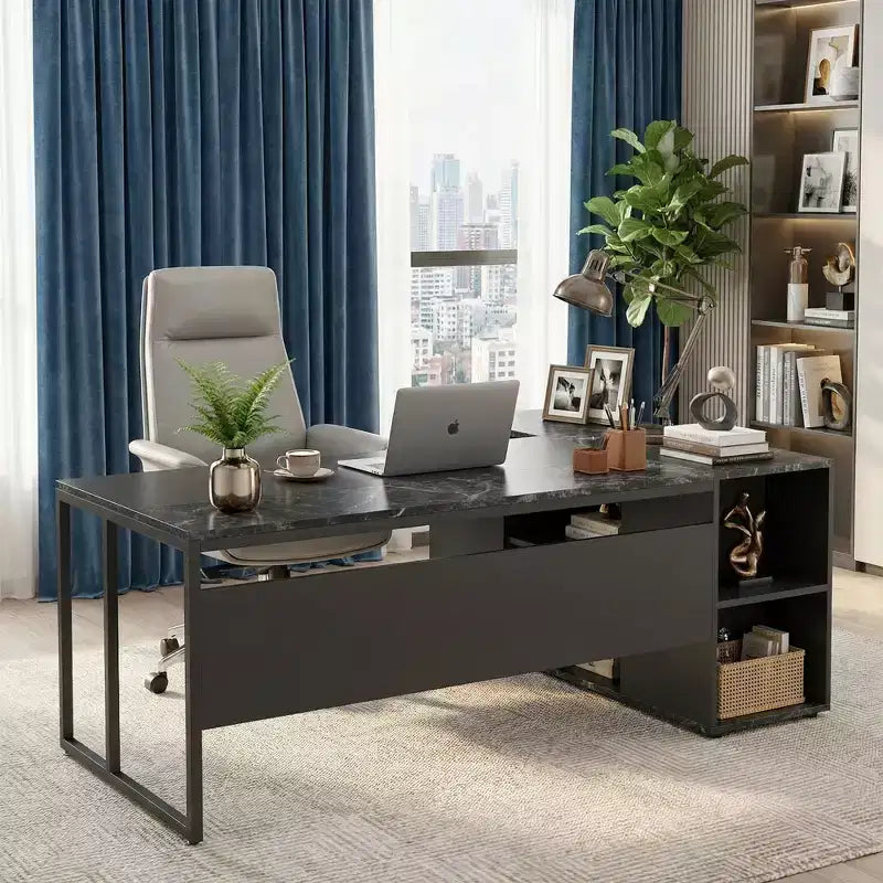 MAYEERTY 71 Large L-Shaped Executive Desk, Office Desk with Shelves and Cabinet