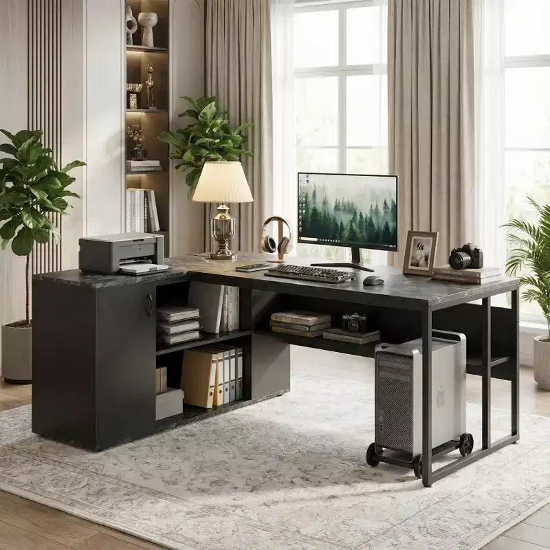 Grand bureau de direction en L MAYEERTY 71, bureau d'ordinateur avec étagères et armoire
