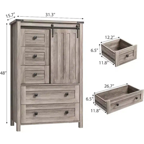 Commode de ferme 5 tiroirs de 48 po avec porte de grange coulissante, étagère réglable pour chambre à coucher, salon, grise