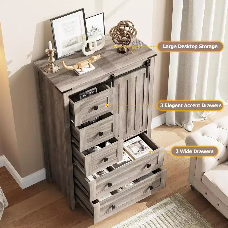 Commode de ferme 5 tiroirs de 48 po avec porte de grange coulissante, étagère réglable pour chambre à coucher, salon, grise