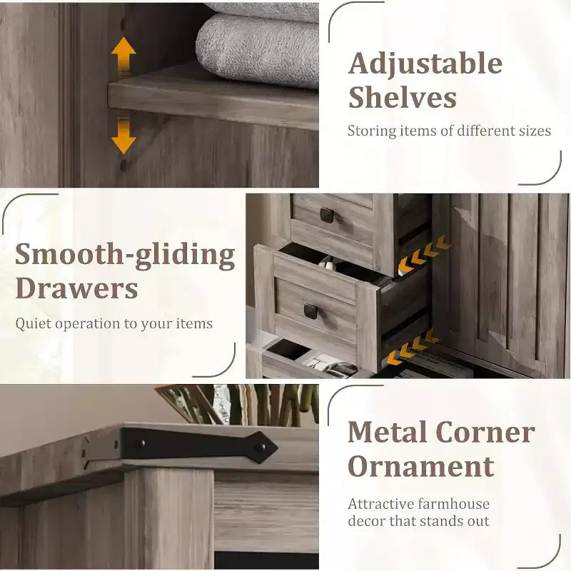 Commode de ferme 5 tiroirs de 48 po avec porte de grange coulissante, étagère réglable pour chambre à coucher, salon, grise