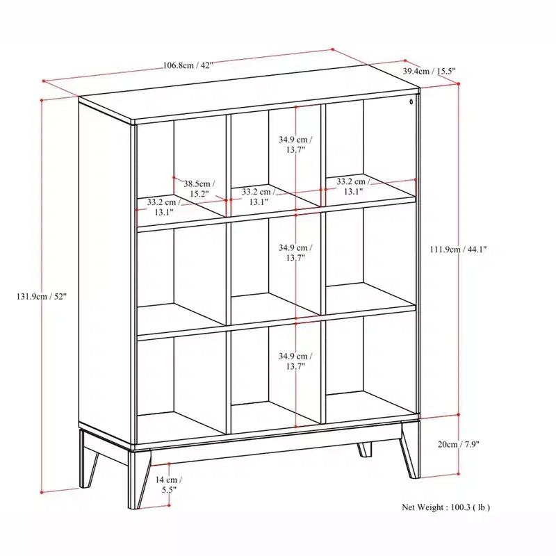 Meuble de rangement Pearson en BOIS MASSIF de style Mid-Century Moderne, 9 cubes, 52 pouces x 42 pouces, en noyer brun