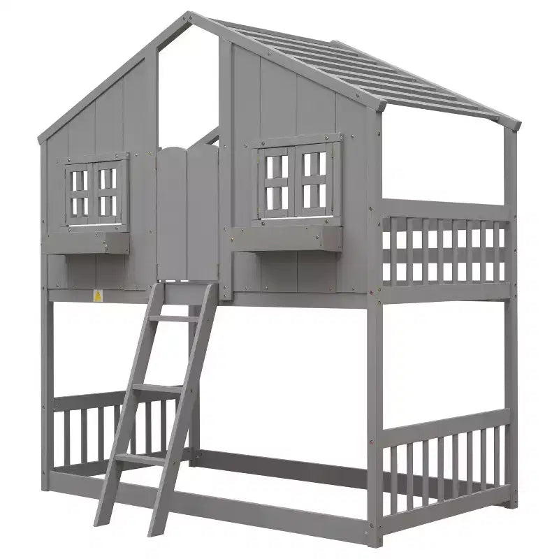 JVNOXK lit à baldaquin de 81 pouces avec fenêtres, jardinières de rebord de fenêtre, portes, barrières de sécurité et échelle, conception basse avec garde-corps pleine longueur, gris