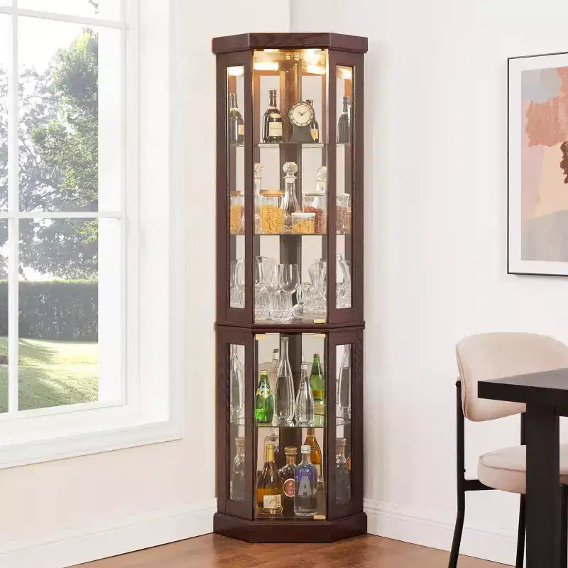 Meuble d'angle en verre JVNOXK avec éclairage, adapté aux salons, collections d'antiquités, rangement de vins ou exposition de verres de bar. Bois de cerisier foncé
