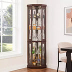 Meuble d'angle en verre JVNOXK avec éclairage, adapté aux salons, collections d'antiquités, rangement de vins ou exposition de verres de bar. Bois de cerisier foncé