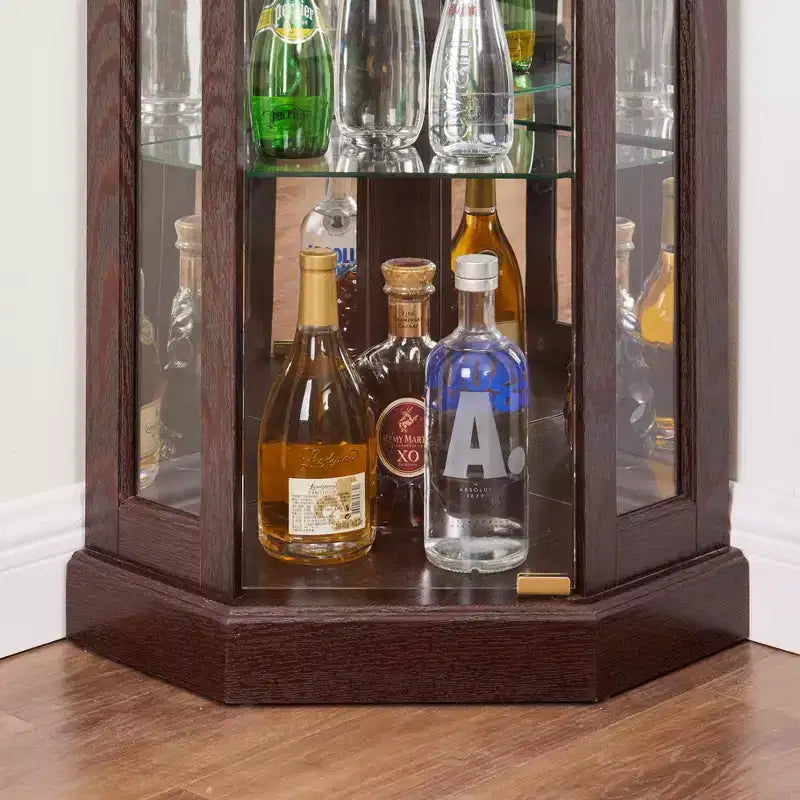 Meuble d'angle en verre JVNOXK avec éclairage, adapté aux salons, collections d'antiquités, rangement de vins ou exposition de verres de bar. Bois de cerisier foncé