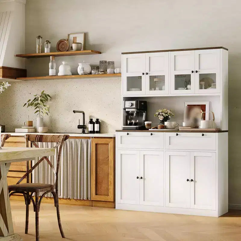 Meuble de rangement de cuisine 71, Meuble de cuisine autoportant avec 2 tiroirs et support micro-ondes, Meuble de bar à café en bois pour salon cuisine