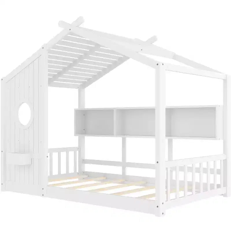 Lit cabane MAYEERTY une place avec étagère de rangement et toit pour chambre à coucher, blanc