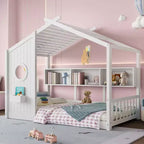 Lit cabane MAYEERTY une place avec étagère de rangement et toit pour chambre à coucher, blanc