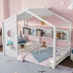 Lit cabane MAYEERTY une place avec étagère de rangement et toit pour chambre à coucher, blanc