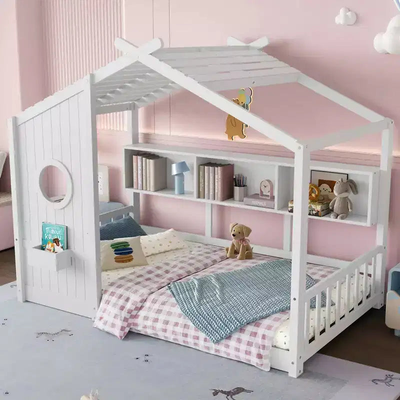 Lit cabane MAYEERTY une place avec étagère de rangement et toit pour chambre à coucher, blanc