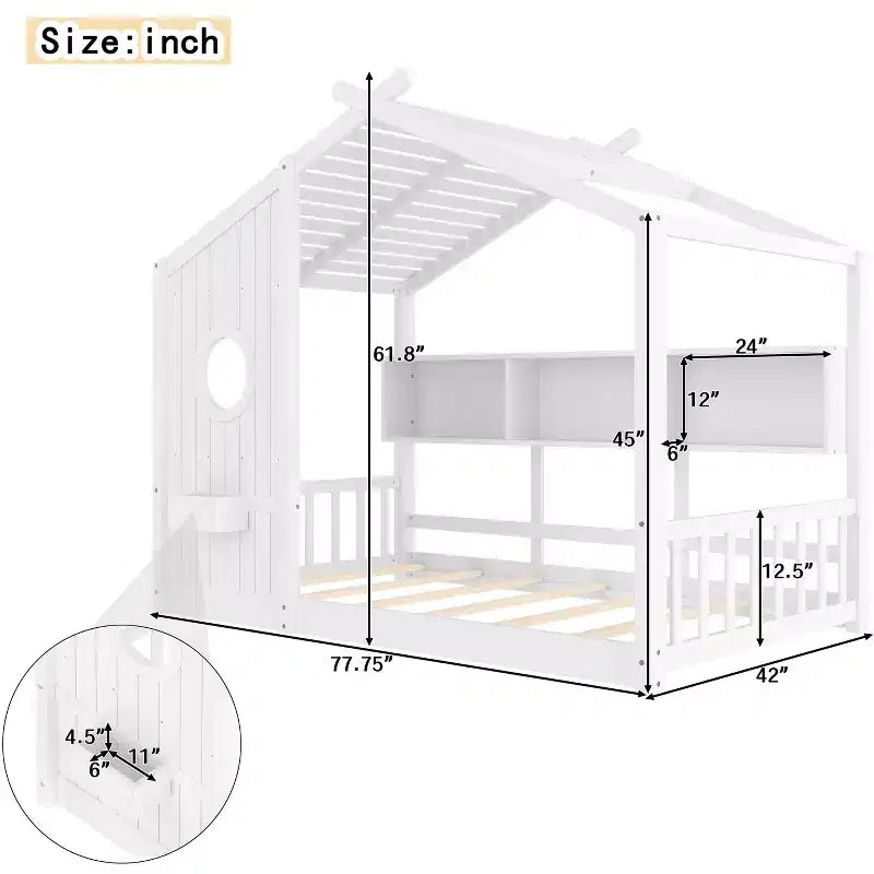 Lit cabane MAYEERTY une place avec étagère de rangement et toit pour chambre à coucher, blanc