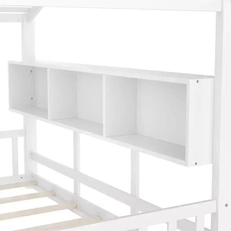 Lit cabane MAYEERTY une place avec étagère de rangement et toit pour chambre à coucher, blanc