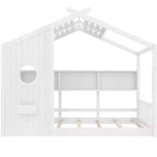 Lit cabane MAYEERTY une place avec étagère de rangement et toit pour chambre à coucher, blanc