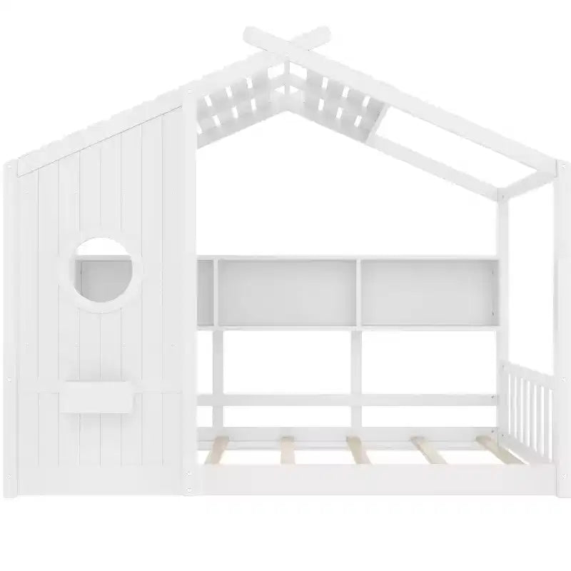 Lit cabane MAYEERTY une place avec étagère de rangement et toit pour chambre à coucher, blanc