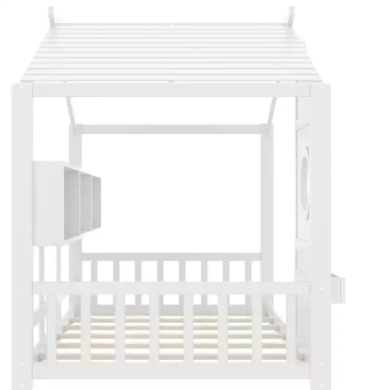 Lit cabane MAYEERTY une place avec étagère de rangement et toit pour chambre à coucher, blanc