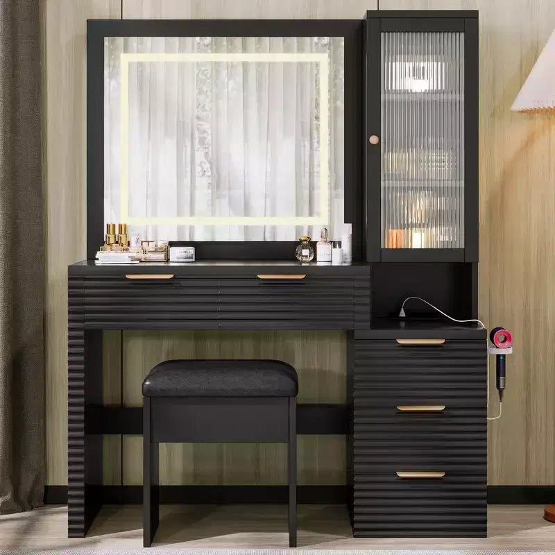 Makeup Vanity Desk Set Dressing Table with Storage Cushioned Stool, 3 Color Lighted Mirror, Charging Station & Hair Dryer Holder, Black - ModernLuxe