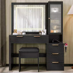 Makeup Vanity Desk Set Dressing Table with Storage Cushioned Stool, 3 Color Lighted Mirror, Charging Station & Hair Dryer Holder, Black - ModernLuxe