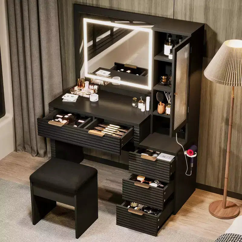 Coiffeuse avec miroir lumineux 3 couleurs, station de charge, support pour sèche-cheveux et tabouret rembourré, noir - ModernLuxe