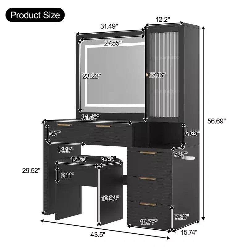 Coiffeuse avec miroir lumineux 3 couleurs, station de charge, support pour sèche-cheveux et tabouret rembourré, noir - ModernLuxe