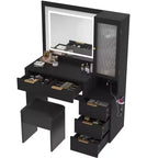 Coiffeuse avec miroir lumineux 3 couleurs, station de charge, support pour sèche-cheveux et tabouret rembourré, noir - ModernLuxe