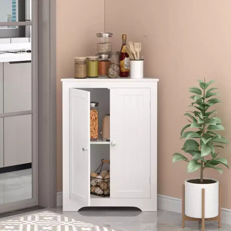 JVNOXK Meuble d'angle compact autoportant avec deux portes et étagères réglables, unité indépendante convenant aux salles de bains et aux cuisines, blanc