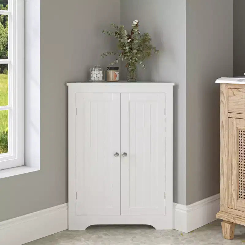 JVNOXK Meuble d'angle compact autoportant avec deux portes et étagères réglables, unité indépendante convenant aux salles de bains et aux cuisines, blanc