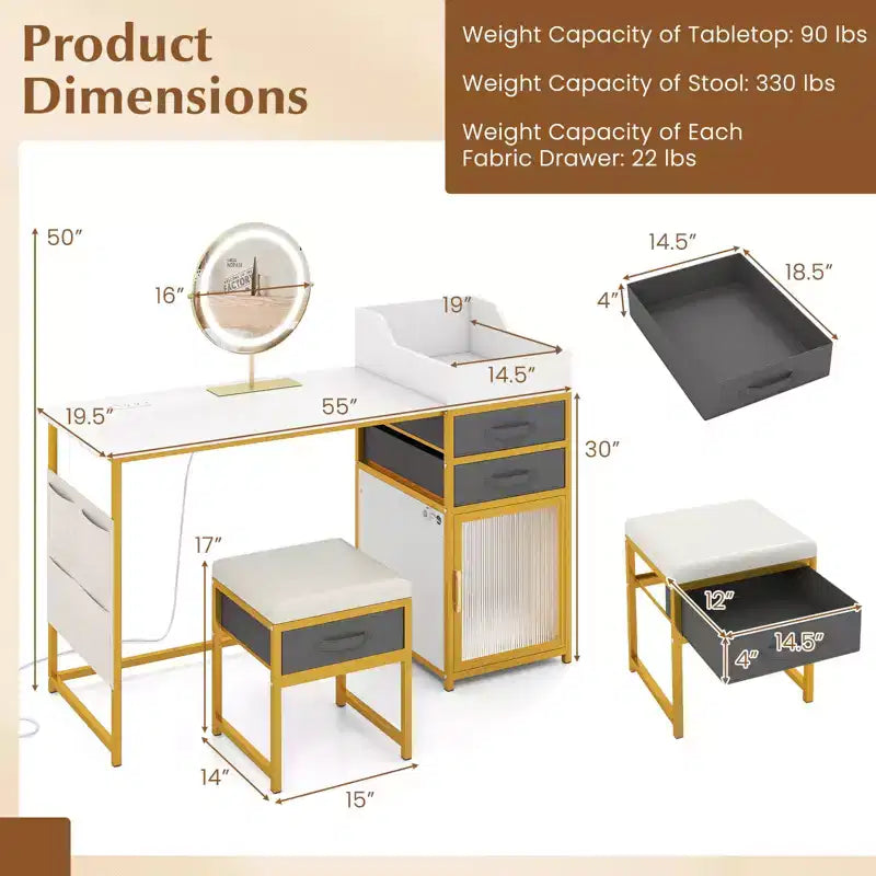 Coiffeuse Costway avec miroir lumineux rotatif, table de maquillage de 55" avec organisateur