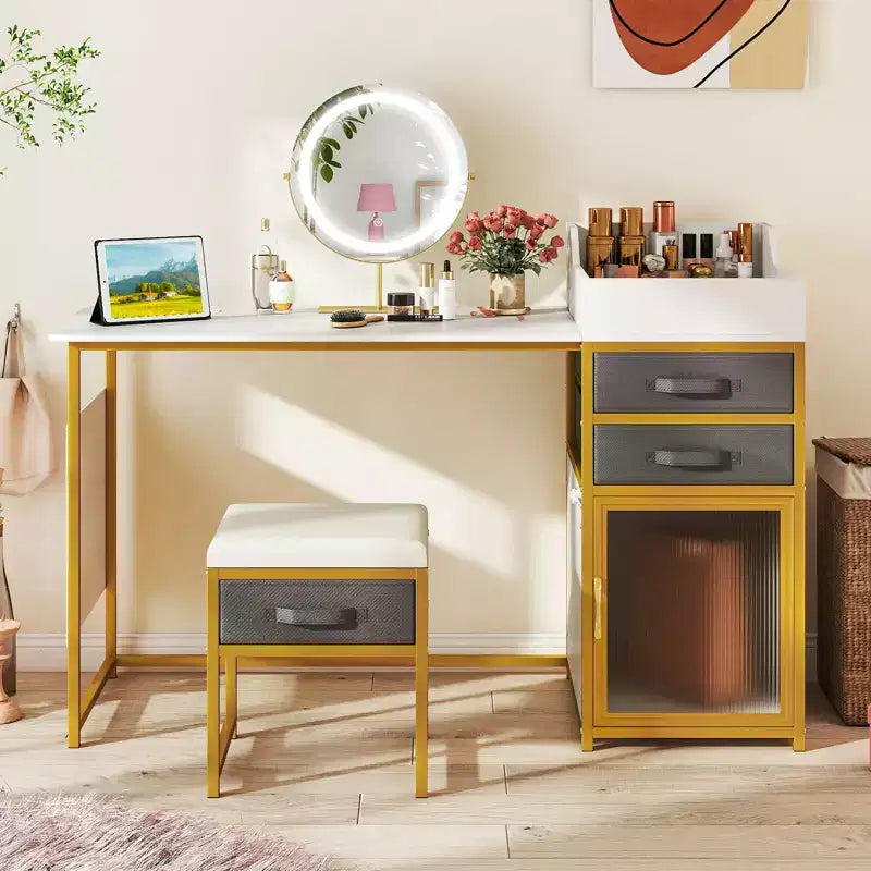 Coiffeuse Costway avec miroir lumineux rotatif, table de maquillage de 55" avec organisateur