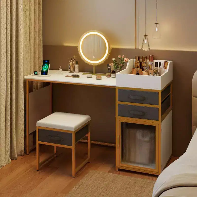 Coiffeuse Costway avec miroir lumineux rotatif, table de maquillage de 55" avec organisateur