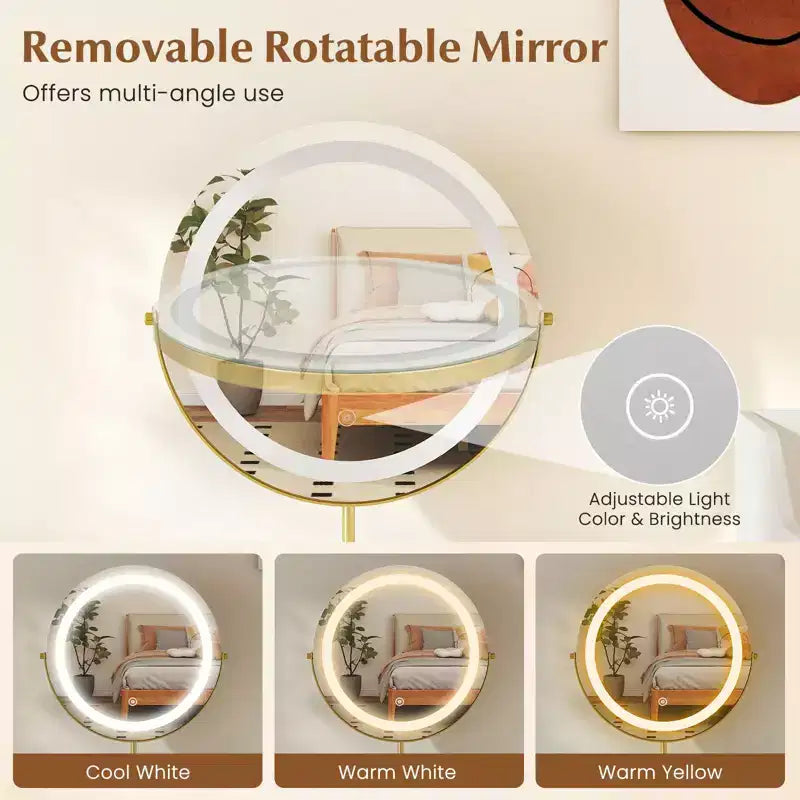 Coiffeuse Costway avec miroir lumineux rotatif, table de maquillage de 55" avec organisateur