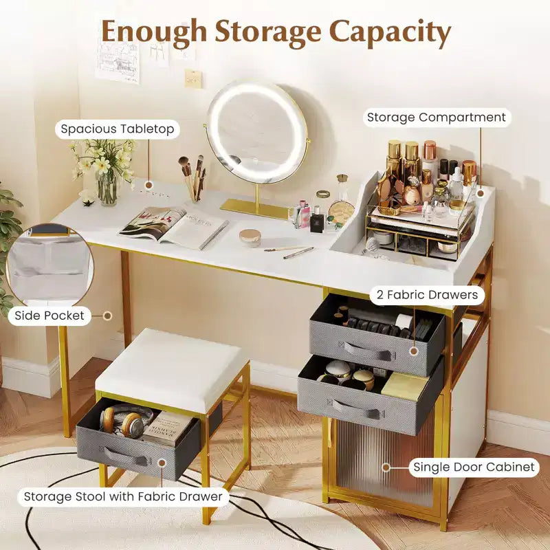 Coiffeuse Costway avec miroir lumineux rotatif, table de maquillage de 55" avec organisateur