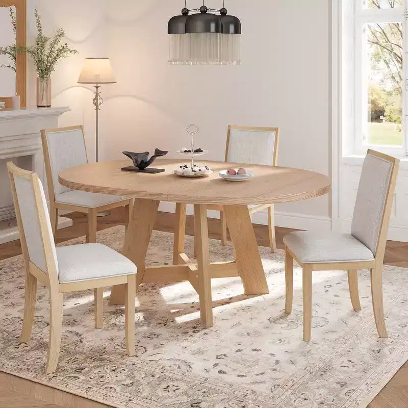 Ensemble de salle à manger Whisen 5 pièces style ferme avec table ronde extensible et 4 chaises tapissées
