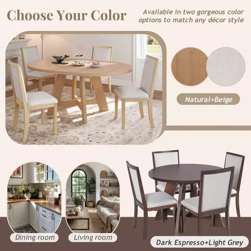 Ensemble de salle à manger Whisen 5 pièces style ferme avec table ronde extensible et 4 chaises tapissées