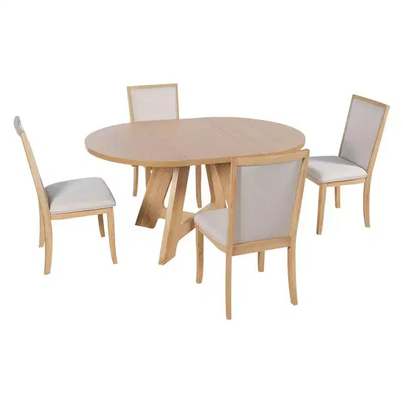 Ensemble de salle à manger Whisen 5 pièces style ferme avec table ronde extensible et 4 chaises tapissées