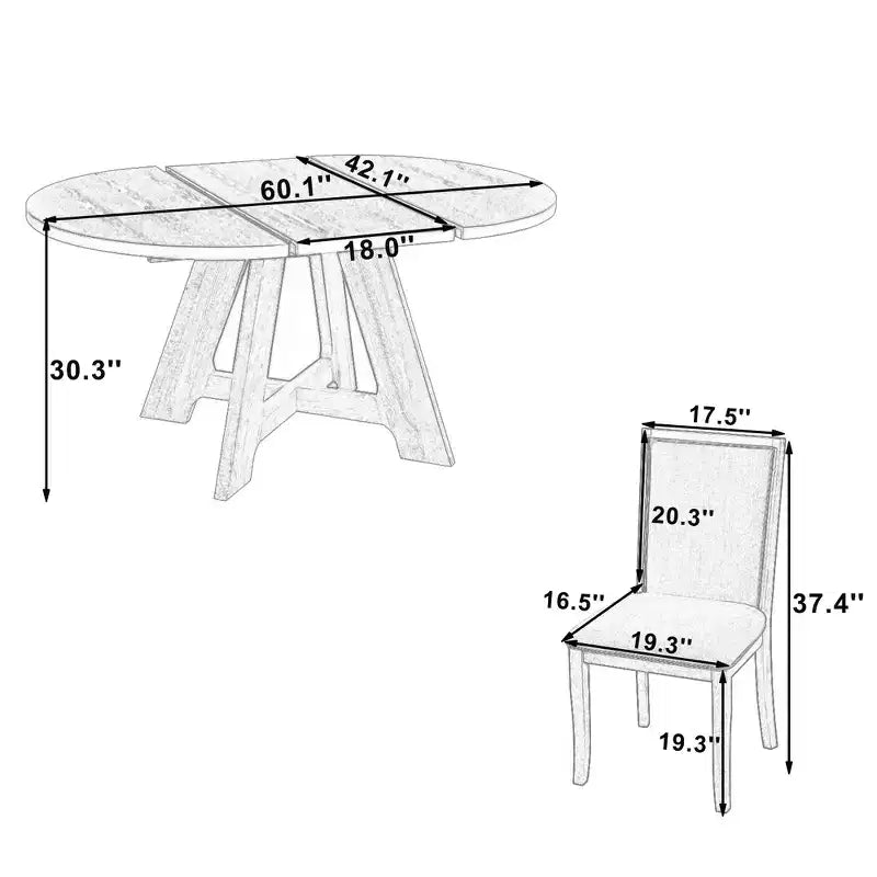 Ensemble de salle à manger Whisen 5 pièces style ferme avec table ronde extensible et 4 chaises tapissées