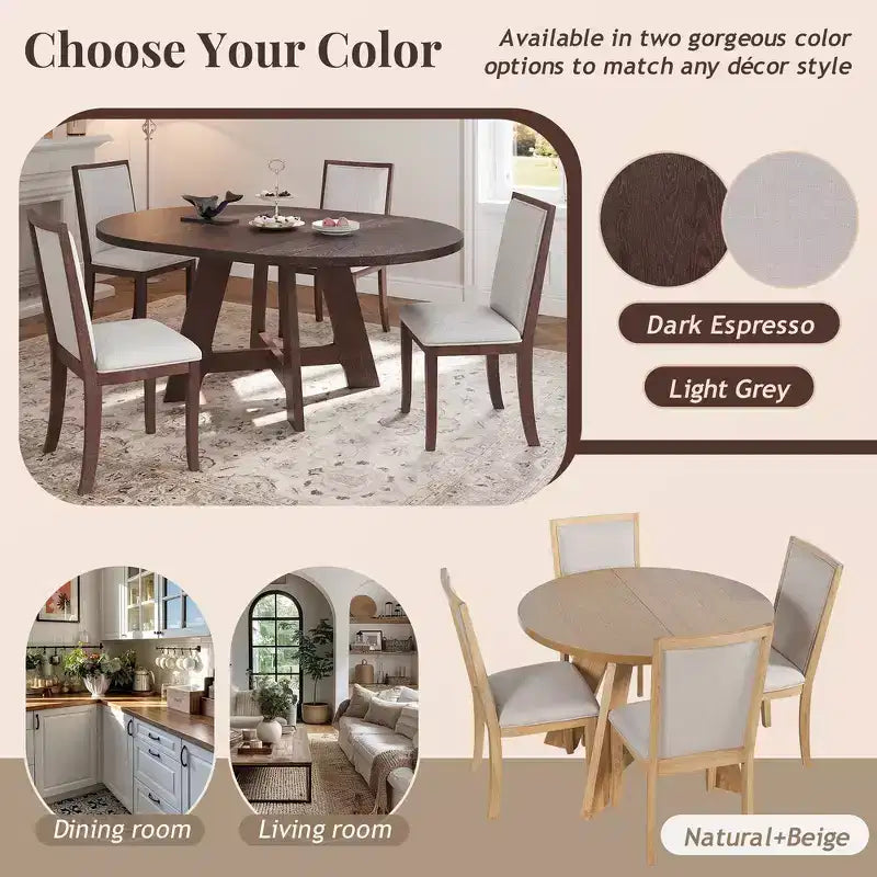Ensemble de salle à manger Whisen 5 pièces style ferme avec table ronde extensible et 4 chaises tapissées