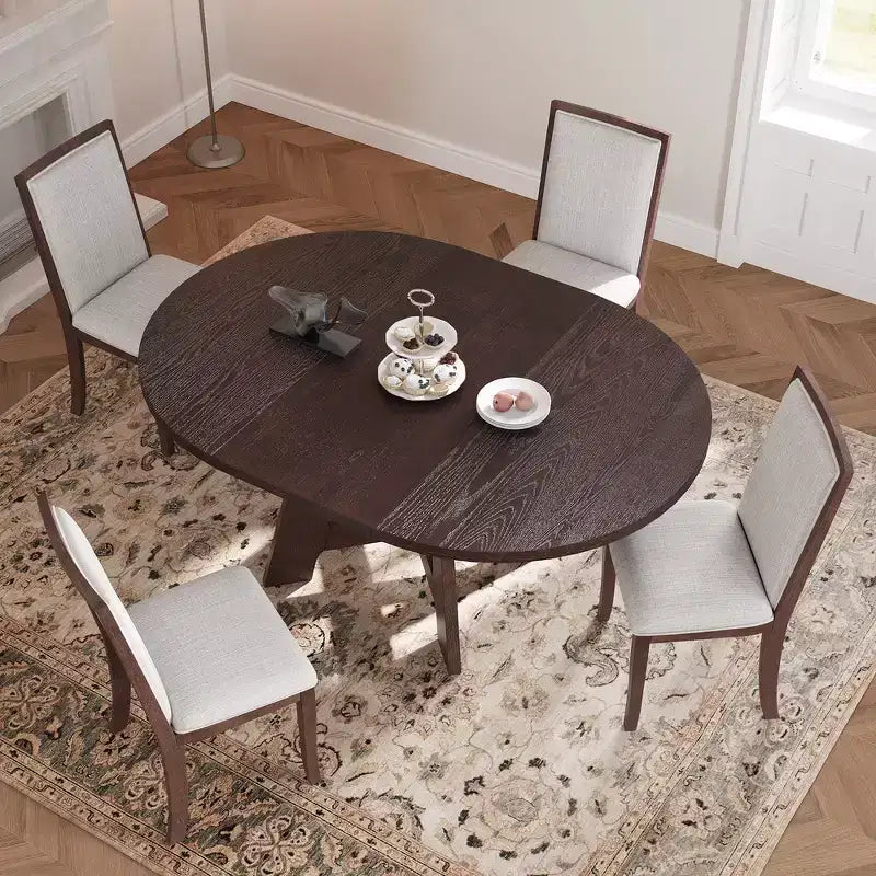 Whisen 5-Piece Farmhouse Extendable Round Dining Table Set for 4, Kitchen Table and 4 Upholstered Dining Chairs