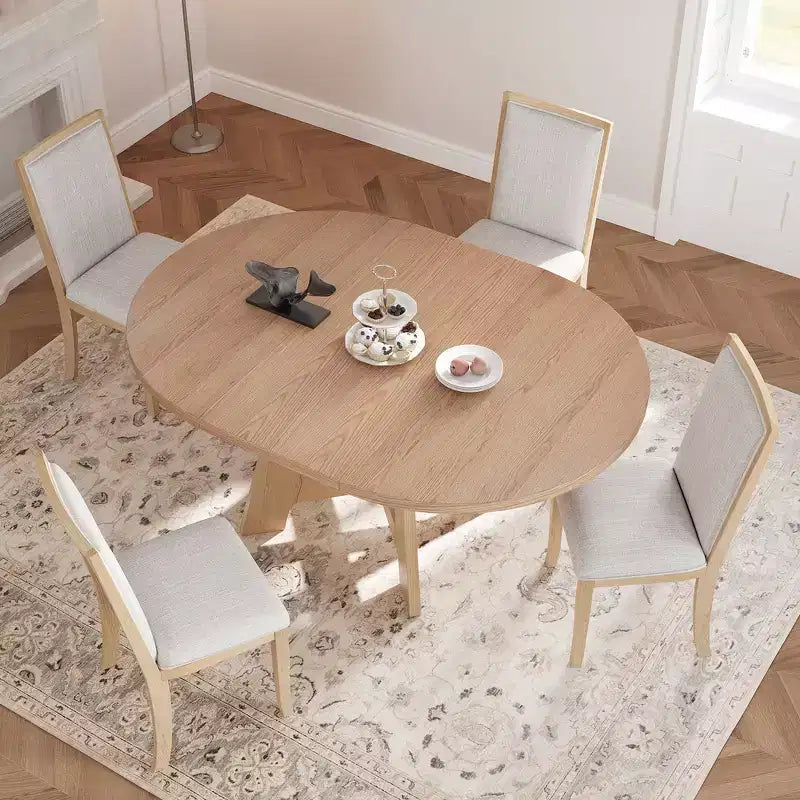 Ensemble de salle à manger Whisen 5 pièces style ferme avec table ronde extensible et 4 chaises tapissées