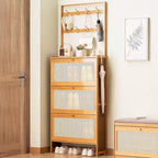 Bamboo Shoe Cabinet with 3 Rattan Flip Drawers and Coat Hooks, Narrow Freestanding Shoe Storage Cabinet