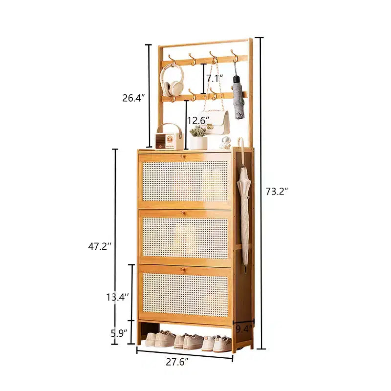 Meuble à chaussures en bambou avec 3 tiroirs basculants en rotin et patères, armoire à chaussures étroite sur pied