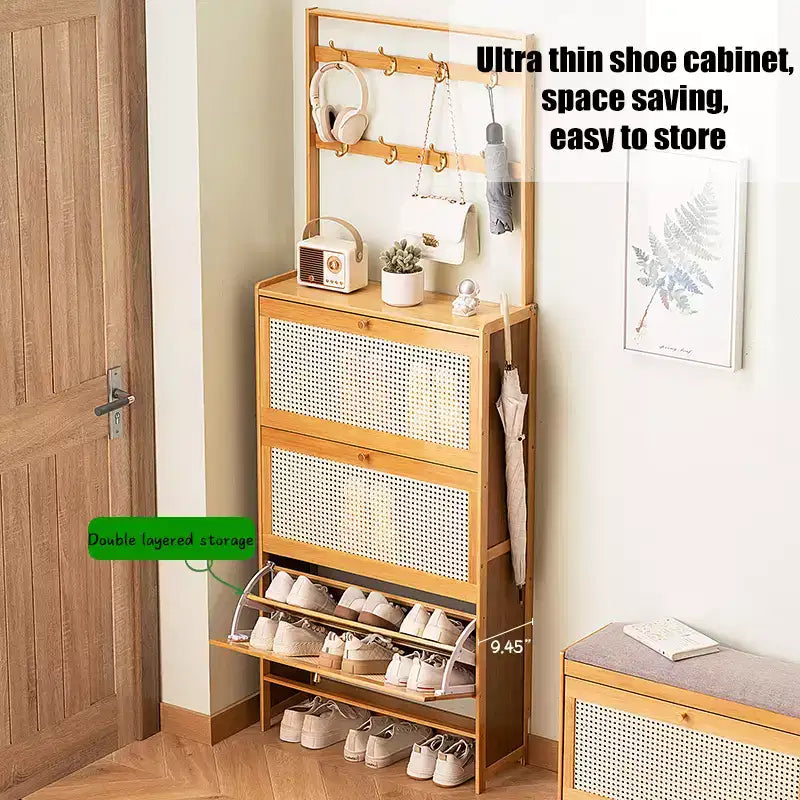 Meuble à chaussures en bambou avec 3 tiroirs basculants en rotin et patères, armoire à chaussures étroite sur pied