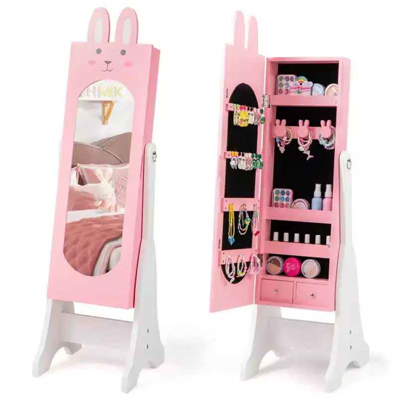 Ensemble coiffeuse rose pour enfants avec miroir et chaise, avec armoire à bijoux