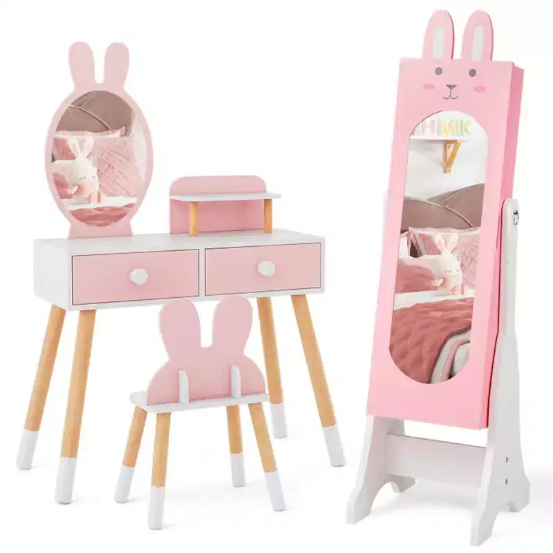 Ensemble coiffeuse rose pour enfants avec miroir et chaise, avec armoire à bijoux