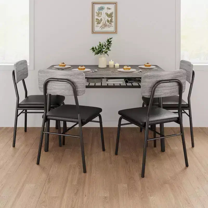 Ensemble table à manger pour 4 avec étagère de rangement, table de cuisine 5 pièces et 4 chaises rembourrées, plateau de table en bois et cadre métallique robuste, ensemble de salle à manger