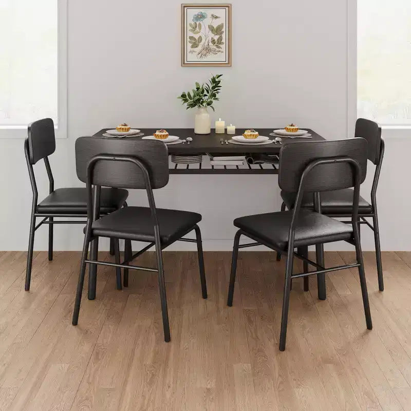 Ensemble table à manger pour 4 avec étagère de rangement, table de cuisine 5 pièces et 4 chaises rembourrées, plateau de table en bois et cadre métallique robuste, ensemble de salle à manger
